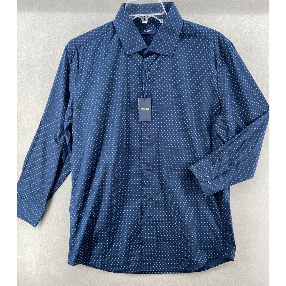 NWT Zanetti‎ Shirt Men 17.5 32/33 Button Down Blue Triangle Printed Long Sleeve